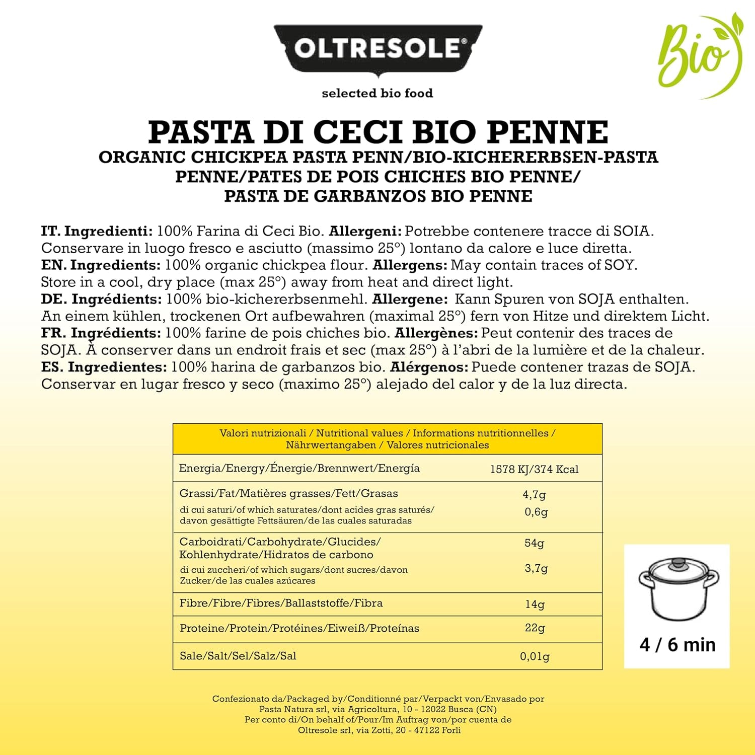 Italienische Bio-Kichererbsen-Penne-Nudeln, 100 % Bio-Kichererbsenmehl, Proteinnudeln, ballaststoffreich, vegan, glutenfrei, 3er-Pack x 350 g