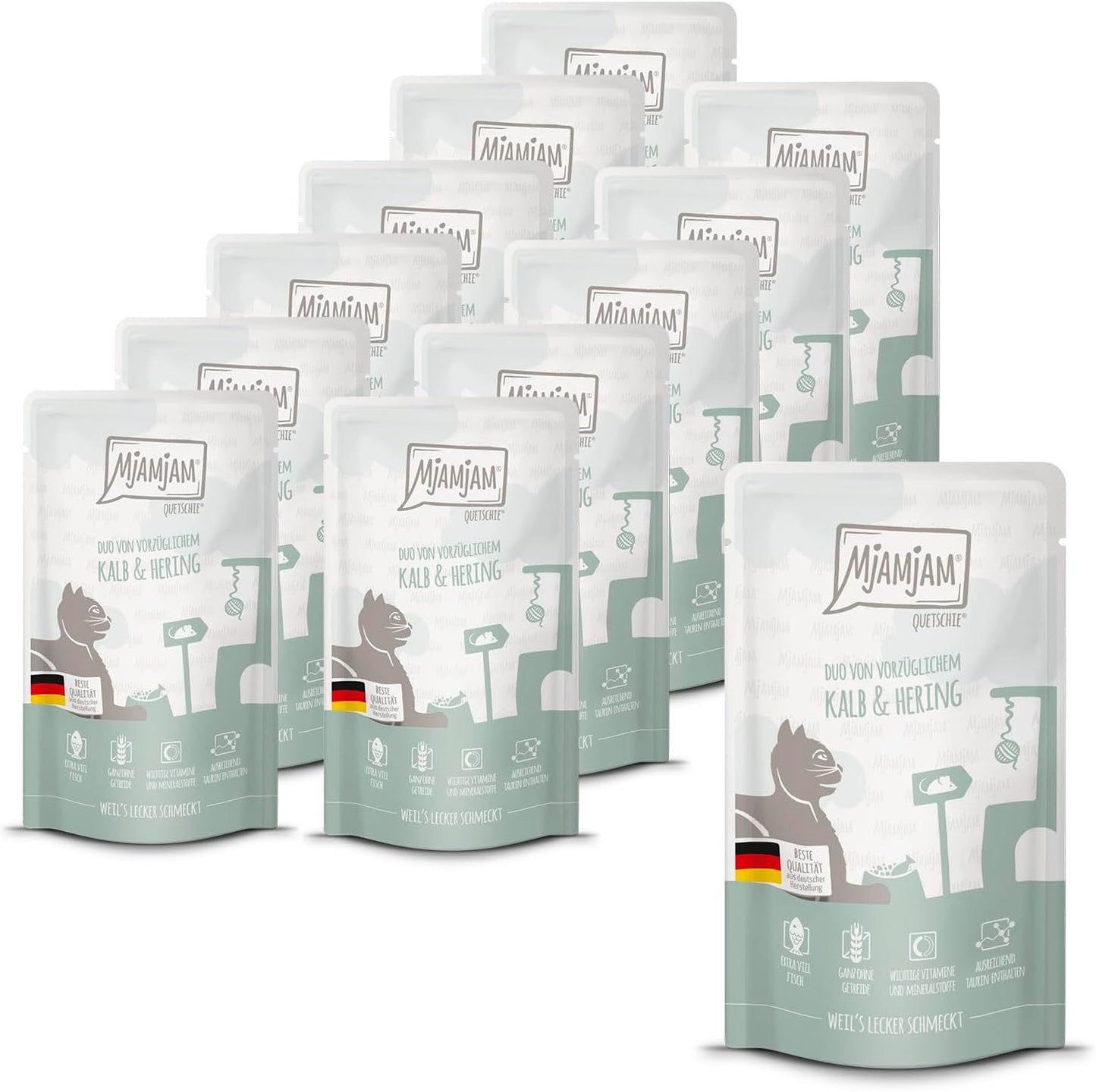 MjAMjAM – Premium-Nassfutter für Katzen – Quetschbeutel – DUO mit raffiniertem Kalbfleisch und Hering, 12er-Packung (12 x 125 g), getreidefrei