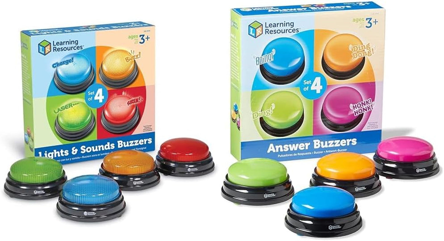 Learning Resources Light & Sound Buzzer Lernspiele für Kinder ab 3 Jahren Fragespielzeug für Kinder mit 4 verschiedenen Sounds für Spieleabende und Klassenzimmer Spielzeug Bebe Naty Shop Answer Buzzer Pack 4er-Set