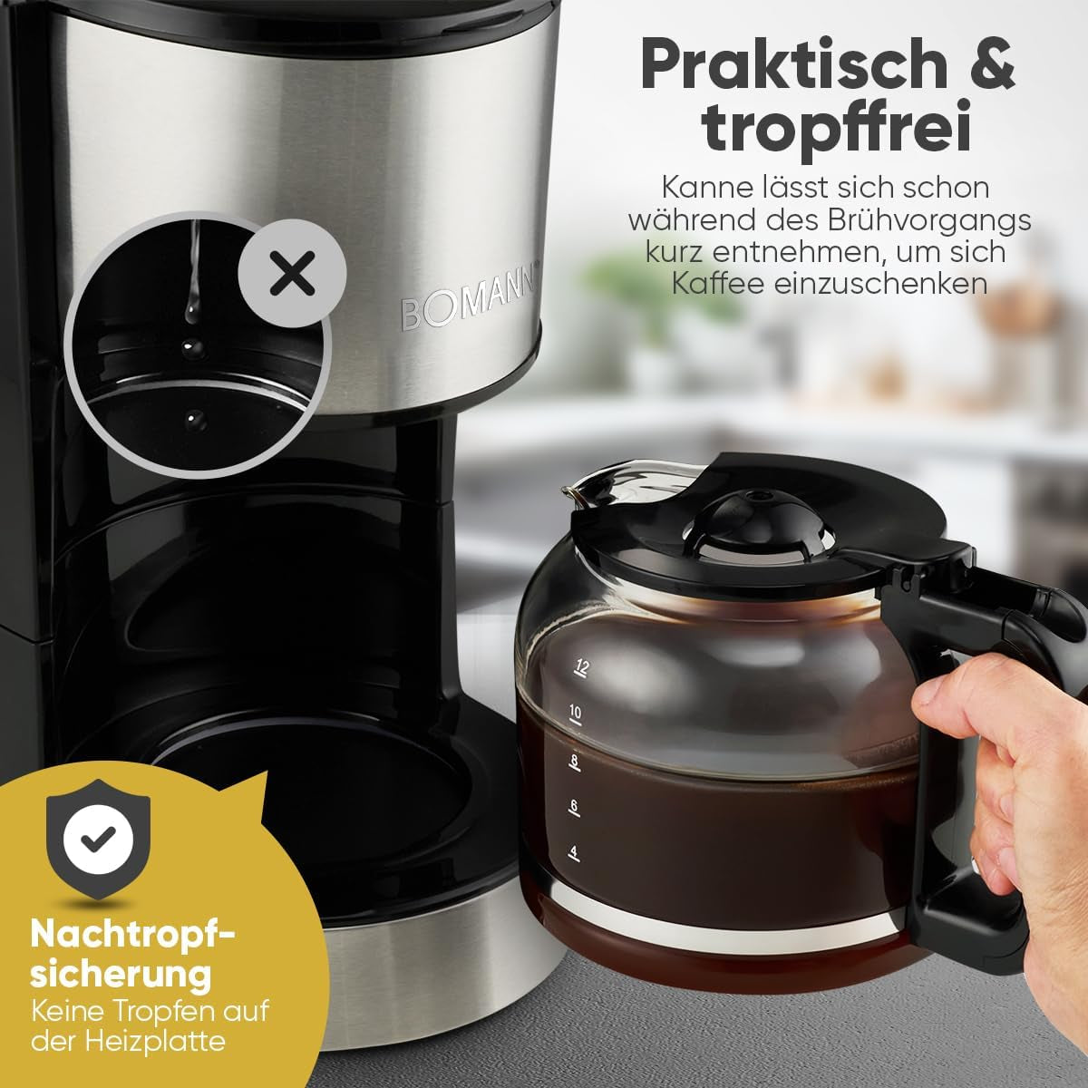 Espresso-Kaffeemaschine mit Bomann®-Filter | für 12-14 Tassen | Kaffee-Espressomaschine mit Filter | Edelstahlgehäuse | Anti-Tropf | Espresso | Kaffee-Espressomaschine mit Filter | 800W | KA 6071 CB