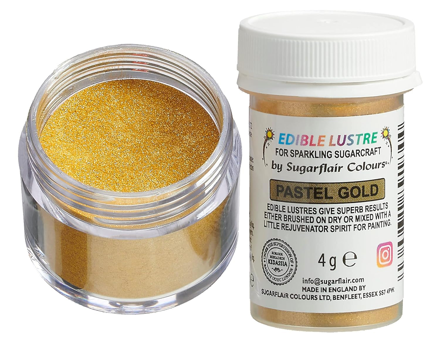 Essbare Lebensmittelfarbe von Sugarflair, Pastellgoldfarbe – Lebensmittelglanzpulver für Kuchen, Muffins, Schokolade, Gebäck, Desserts, Eiscreme, Getränke, Cocktails und mehr – 4 g