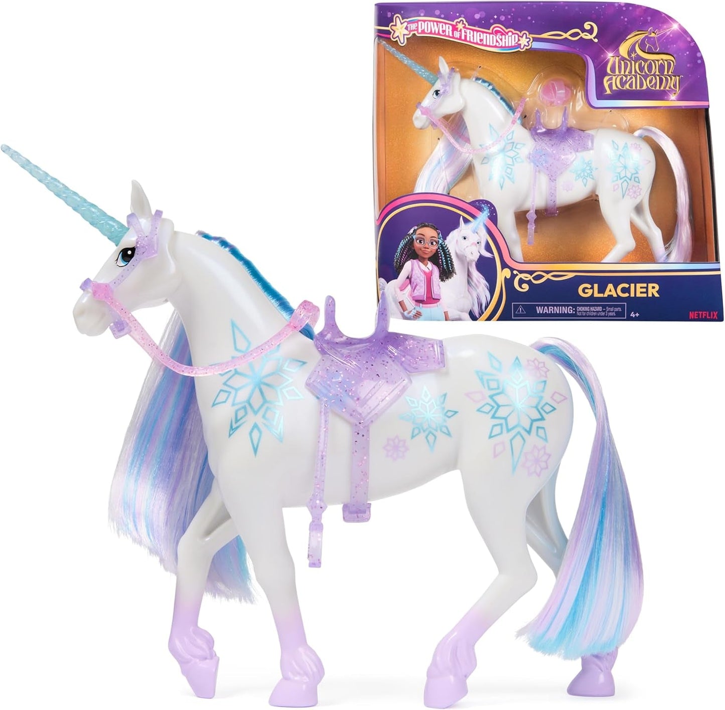 Unicorn Academy Unicorn Glacier – 28 cm groß, Laylas Original-Netflix-Einhorn mit echter Mähne und Schweif, abnehmbarem Zaumzeug, Sattel und Bürste, für Kinder ab 4 Jahren