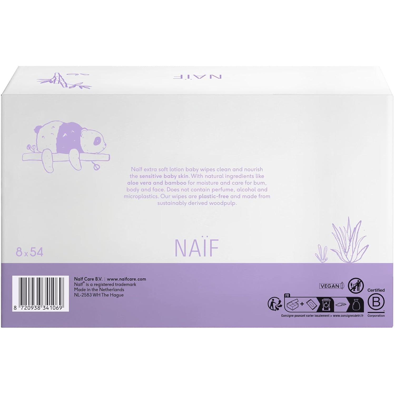 Naïf – Feuchttücher mit plastikfreier Lotion – 1296 Stück (24 Packungen mit 54 Tüchern) – für Babys und Kinder – Po, Körper und Gesicht des Babys – mit Aloe Vera und Bambus – 0 % Duftstoffe und Alkohol