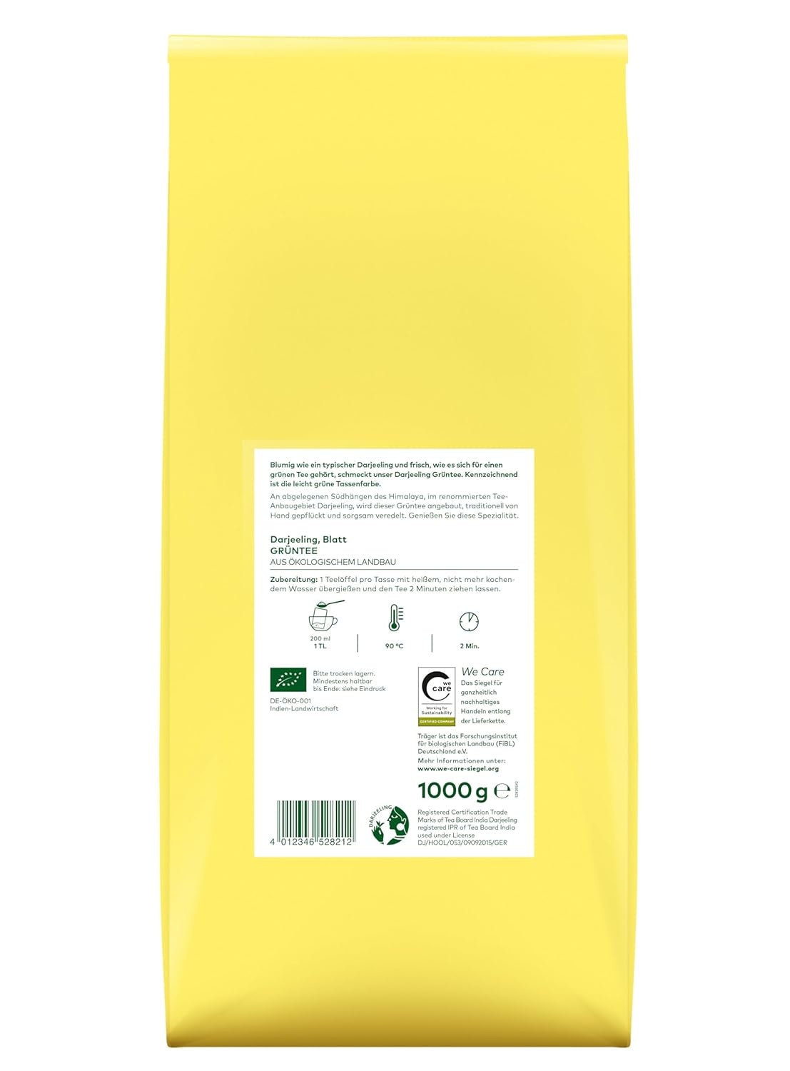 Lebensbaum Darjeeling Ganzblatt-Grüntee, Bio-Tee, Grüner Tee mit frischem Blumengeschmack, hellgrüne Farbe, 1000 g