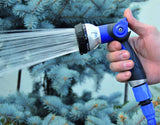 590078 – Spiralschlauchset, blau, 15 Meter (Durchmesser 9 mm) + Multifunktionspistole mit 8 Düsen + Automatik-Innengewinde mit ¾-½-Adapter + 2 Schnellkupplungen + Aufhängebügel