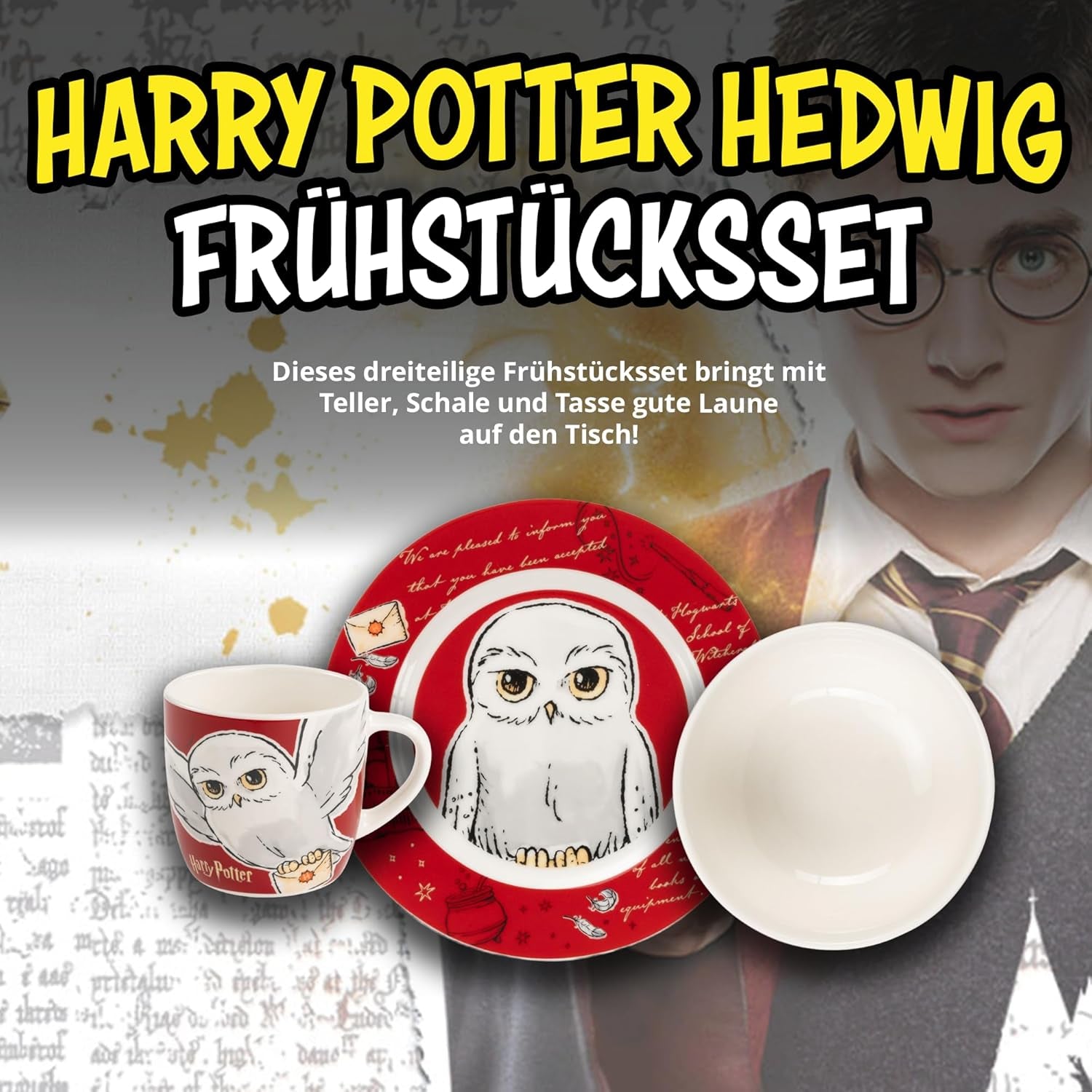 Harry Potter 3-teiliges Geschirrset, rot, Frühstücksset aus Porzellan mit Teller Ø 19 cm, Becher 220 ml und Schüssel 330 ml, Geschirrset