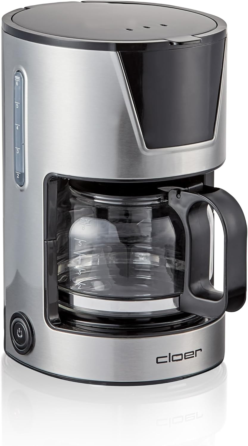Cloer Filter-Espressomaschine für 6 Tassen, schonende Warmhaltefunktion, Glaskaraffe, Messlöffel, Wasserstandsanzeige, Anti-Tropf-System, automatische Abschaltung, Filtergröße 1x2, 550 W, Edelstahl