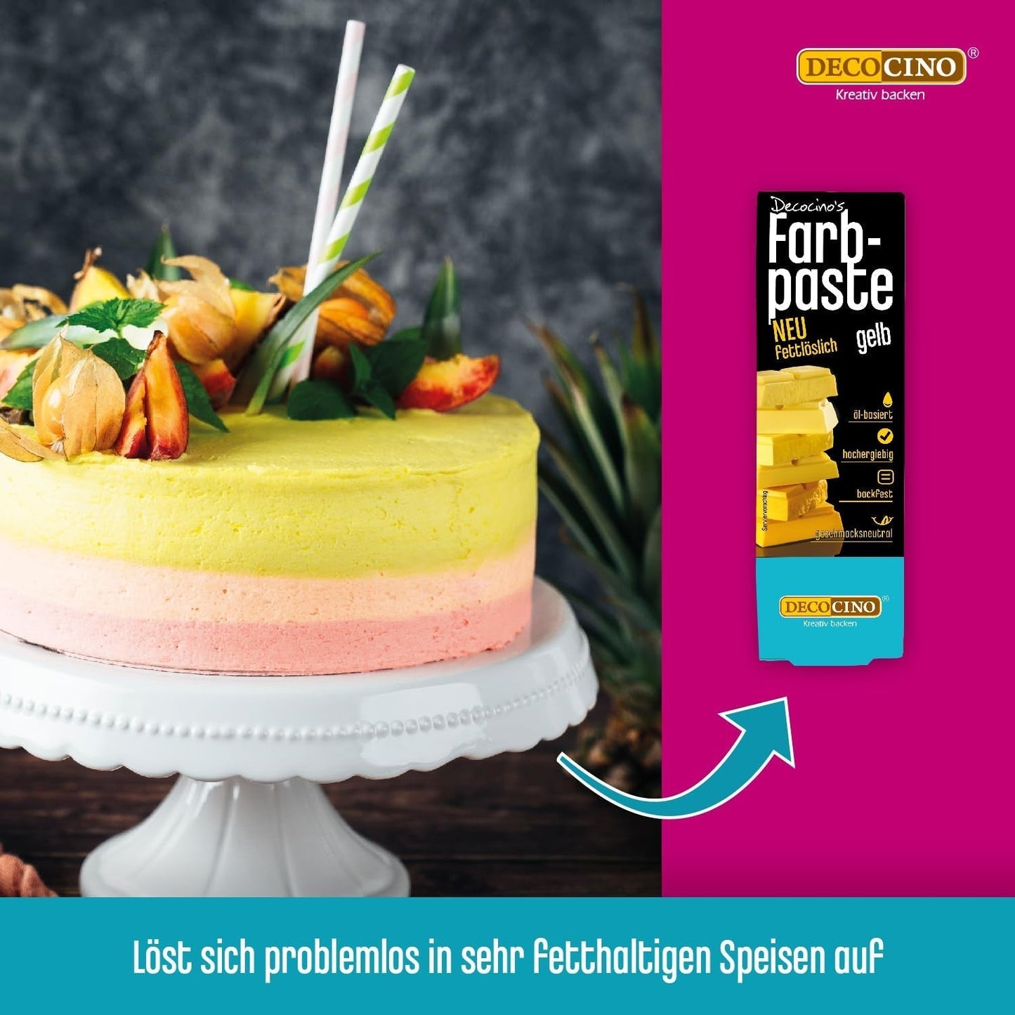 DECOCINO Gelbe fettlösliche Farbpaste – 15 g – Lebensmittelfarbe auf Ölbasis, ideal zum Färben von Schokolade, Buttercreme, Fondant oder Keksteig