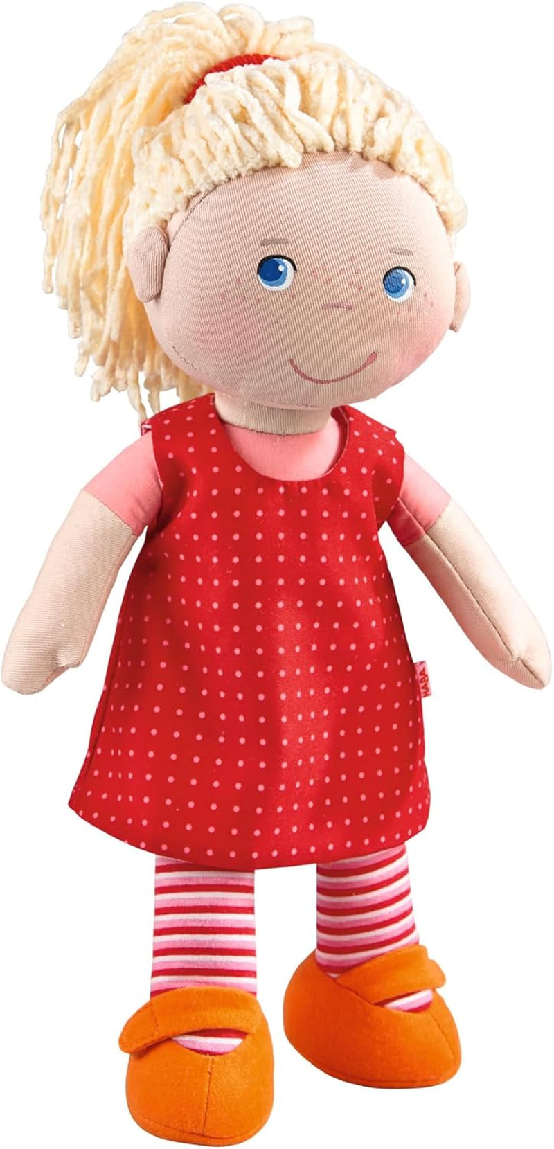 Kuschelpuppe HABA Annelie – Kuschelpuppe mit frisierten Haaren – Mit austauschbarer Kleidung – Ab 18 Monaten – 30 cm – Waschbar – 1302108001