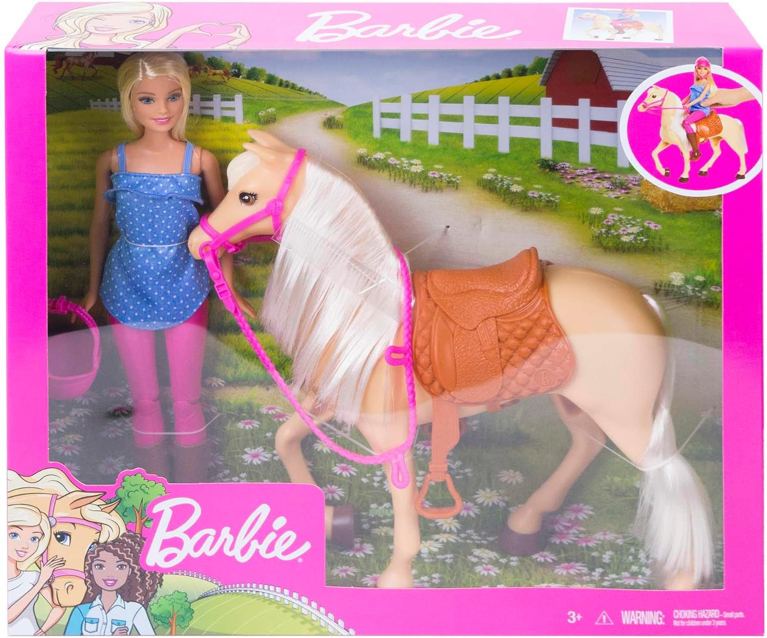 Barbie-Puppe und Pferdespielzeug, Reitzubehör, inklusive 1 Puppe und 1 Pferd, geeignet als Geschenk für Kinder ab 3 Jahren, FXH13