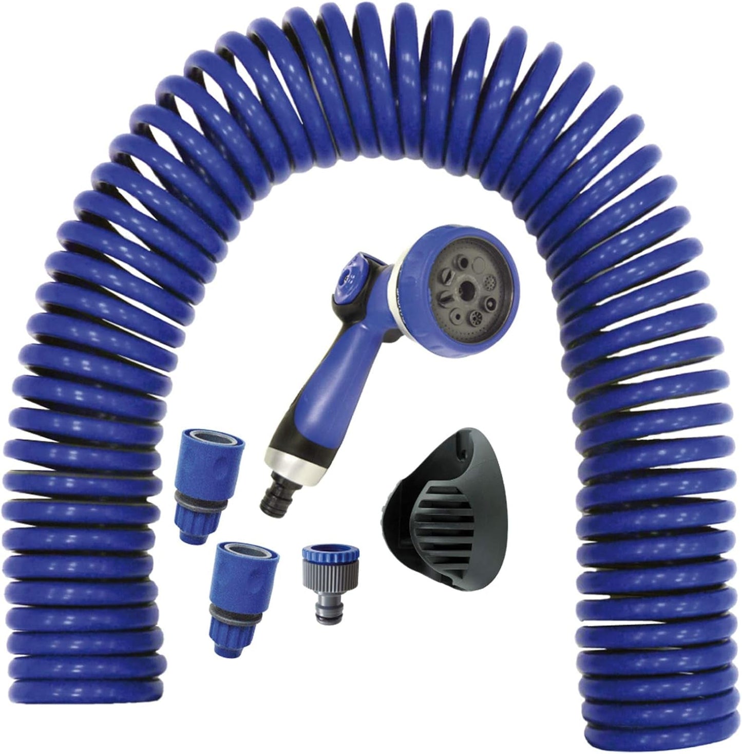 590078 – Spiralschlauchset, blau, 15 Meter (Durchmesser 9 mm) + Multifunktionspistole mit 8 Düsen + Automatik-Innengewinde mit ¾-½-Adapter + 2 Schnellkupplungen + Aufhängebügel