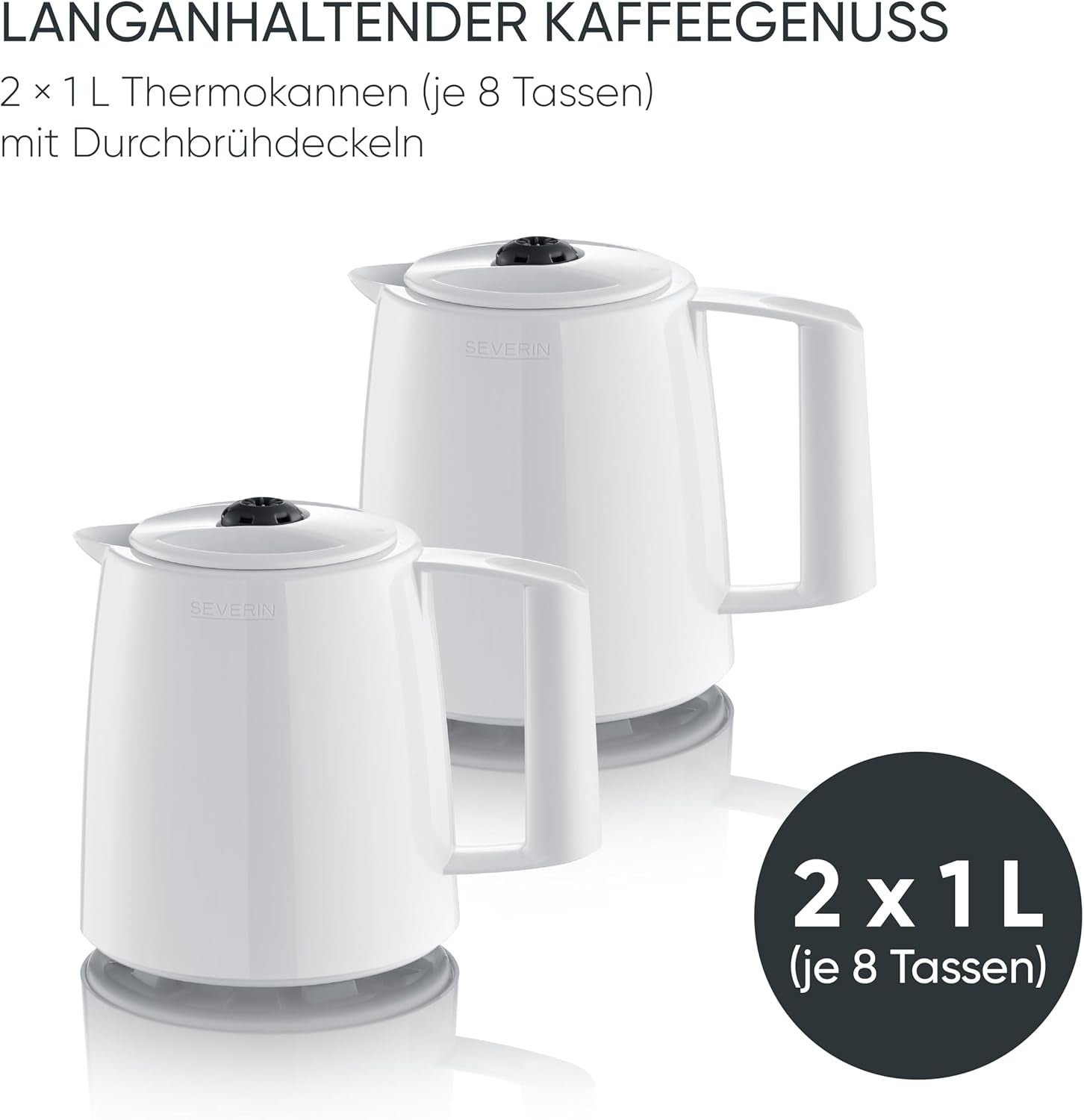 Severin Espressomaschine mit Filter und 2 Thermokannen, Espressomaschine mit Deckel, tropffreies Ausgießen, lange Temperaturhaltung, automatische Abschaltung, 1000 W, ca. 1 Liter, weiß, KA 9309