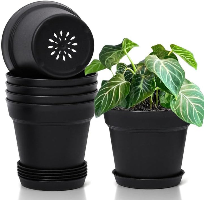 T4U 16 cm Kunststoff-Blumentopf mit Untersetzer, Set mit 6 Kunststoff-Kräutertöpfen mit mehreren Drainagelöchern, runder Topf für Sukkulenten im Innen- und Balkonbereich, Kakteen, weiß