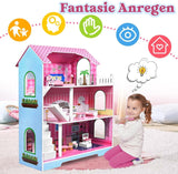 HENGMEI Puppenhaus Kinder Holz Puppenvilla Dollhouse Set Mädchen Spielset 3 Etagen Haus mit Möbeln und Zubehör, 70x30x100cm Puppenhäuser für Kinder (Typ B)