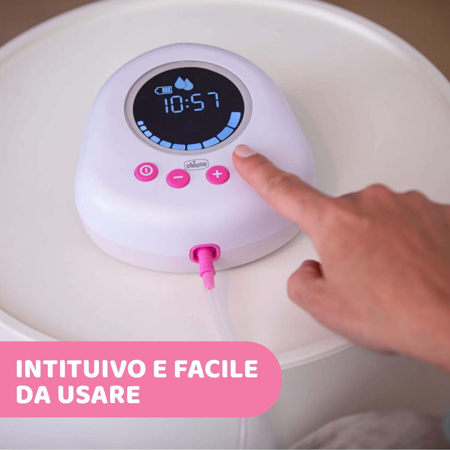Elektrische Milchpumpe von Chicco mit Stimulations- und Extraktionsphasen, 10 Intensitätsstufen, bequem und schnell, ergonomische Form, mit geneigtem Sauger und dichtem Verschluss, weiß, 150 ml Zubehör Essen und Stillen Bebe Naty Shop