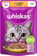 Whiskas 1+ Nassfutter für Katzen mit Huhn in Gelee, 28x85g (1 Packung) – Hochwertiges Nassfutter für ausgewachsene Katzen in 28-Portionen-Beuteln