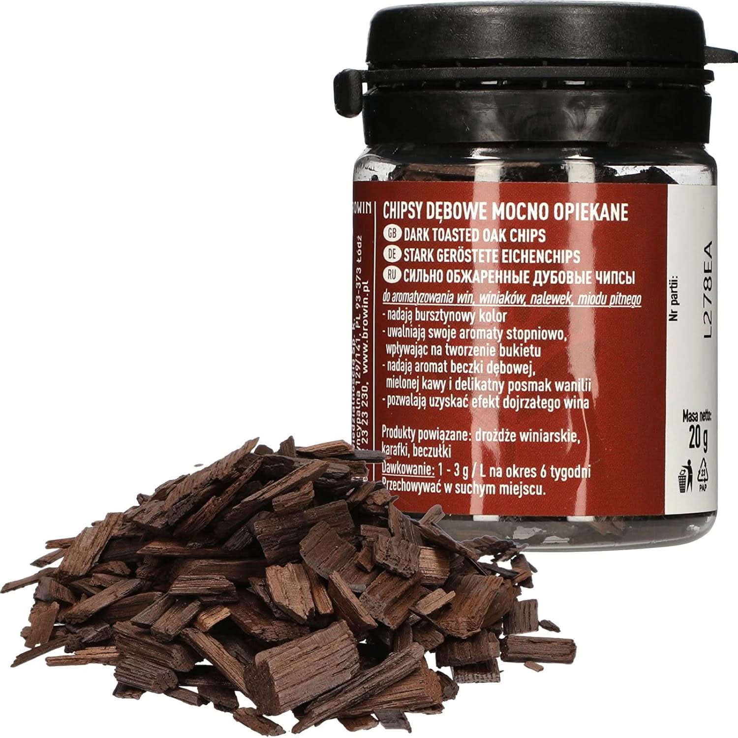 Browin Strong Roasted Oak Chips 20g – Flocken, feine Eichenstäbchen zum Aromatisieren von Alkohol, braune Aromen Naty Shop