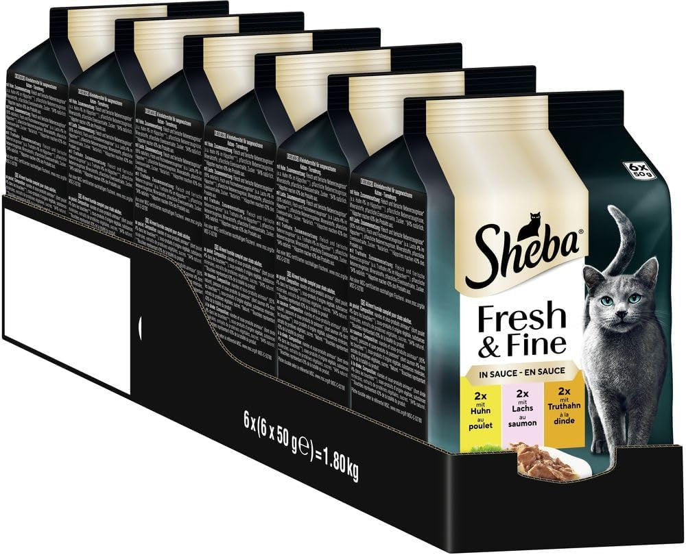 Sheba Portionsbeutel Nassfutter für Katzen, Multipack Fresh & Fine in Soße mit MSC-Huhn und Lachs, 6x6x50g - Feine Mahlzeiten für Katzen in Soße