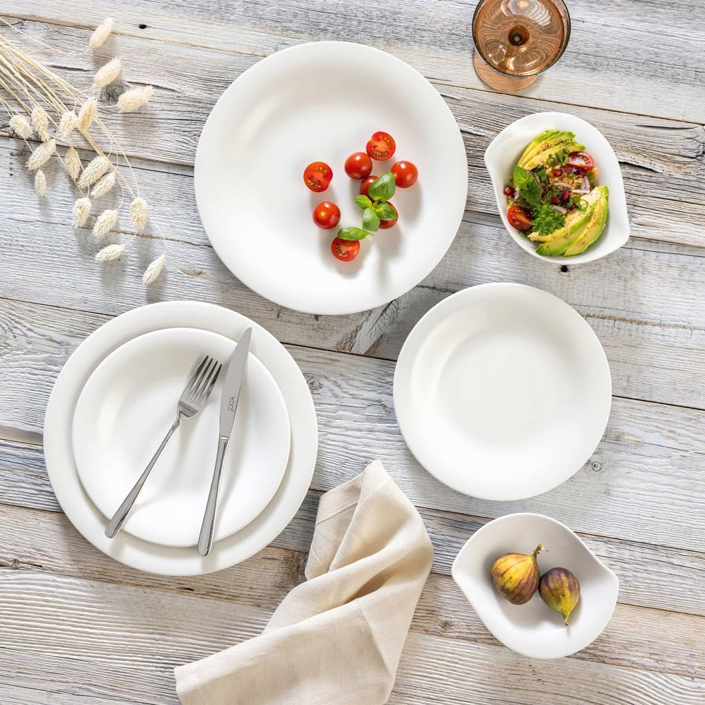 vivo - Villeroy & Boch Group – Essential White Tafelservice 18 tlg. Weiß, Spülmaschinenfest, Mikrowellensicher, Geschirr Set für 6 Personen, Müslischalen, Speiseteller, Dessertteller, Premium Porzellan