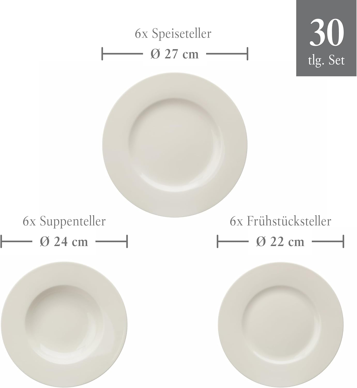 vivo - Villeroy & Boch Group - Basic White 30-teiliges Geschirrset, spülmaschinen- und mikrowellengeeignet, weißes Geschirrset, Kaffeeset, Keramik, Teller, Tassen, Premium-Porzellan