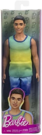 Ken Barbie Fashionistas Puppe Nr. 236 mit schwarzem Haar, blaugrünem Ombré-Tanktop, Jeansshorts und silbernen Turnschuhen, HYV00