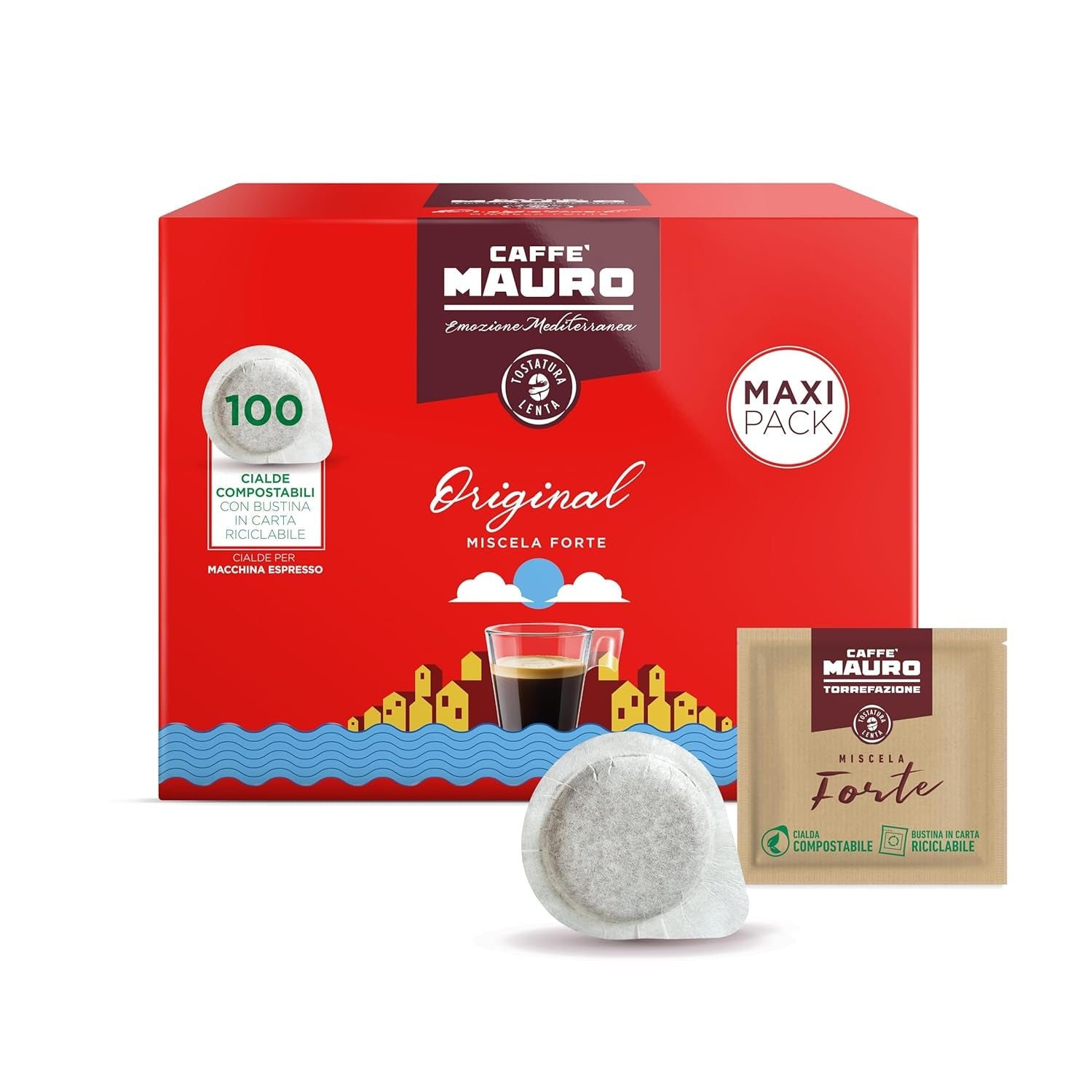 Caffè Mauro Torrefazione Kaffee Kompostierbare Pods, Recyclebare Verpackung, Originalmischung - 100 Stück - Intensität 10/10 - Kompatibel mit ESE System Papier Pads 44 mm