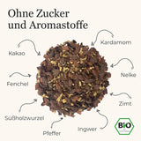 BIO Schoko Chai Gewürztee ohne Zucker, mit Kakaofrüchten, Zimt, Lakritze und anderen aromatischen Chai-Gewürzen, 100 g