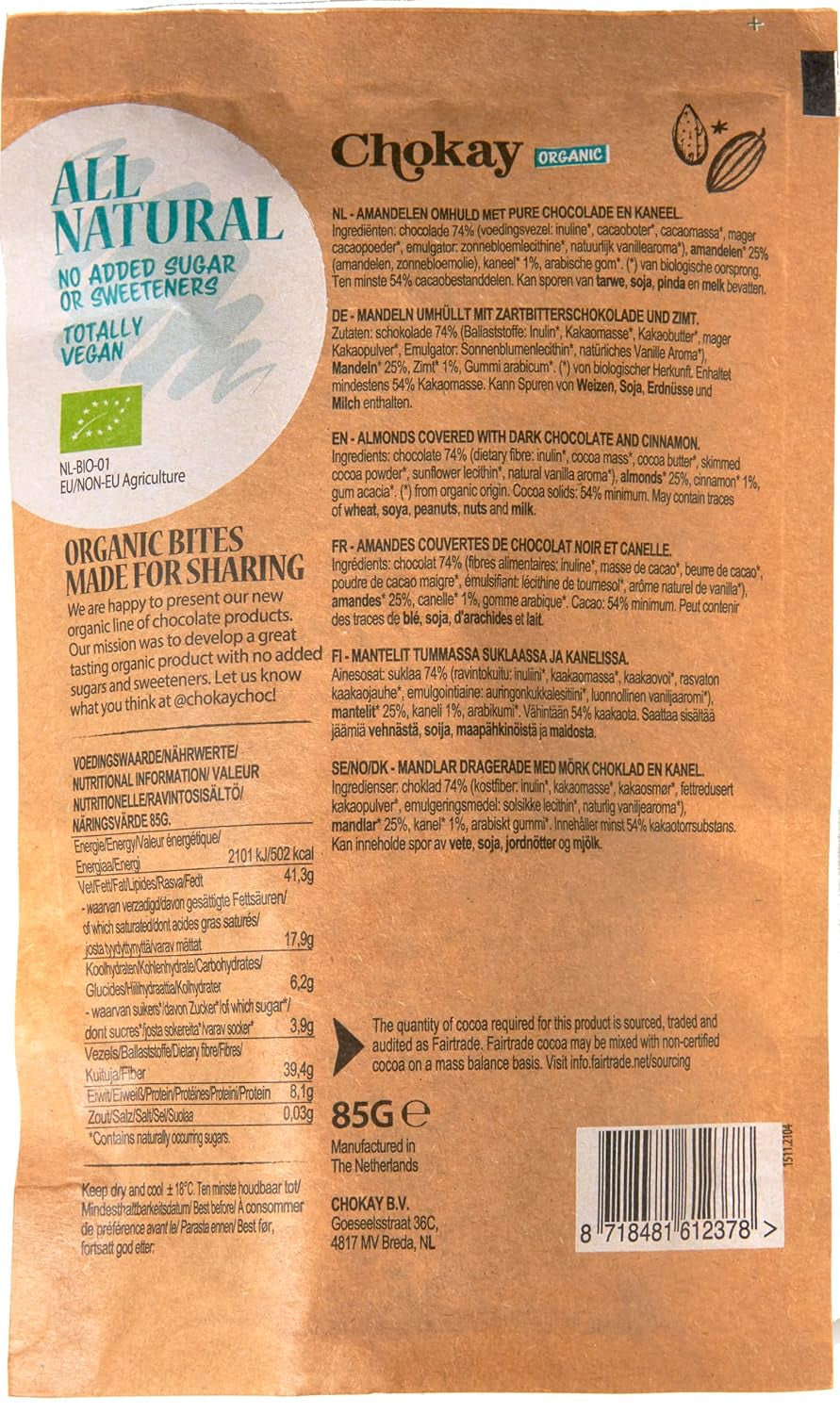 Bio-Häppchen – Zimtmandeln und dunkle belgische Schokoladenmandeln / Ohne Zuckerzusatz, ohne Süßstoffe / Vegan und Fair Trade / 1 x 85 g