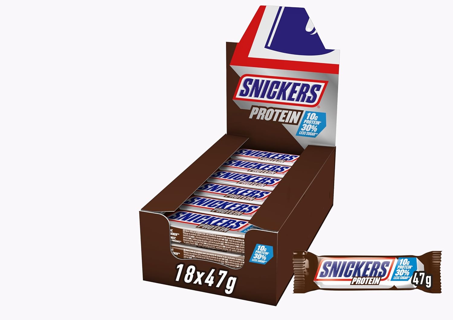 Snickers Proteinriegel mit Schokolade – reichhaltiger Geschmack mit Haselnuss-Karamell und Nougat, Großpackung 18 x 47 g
