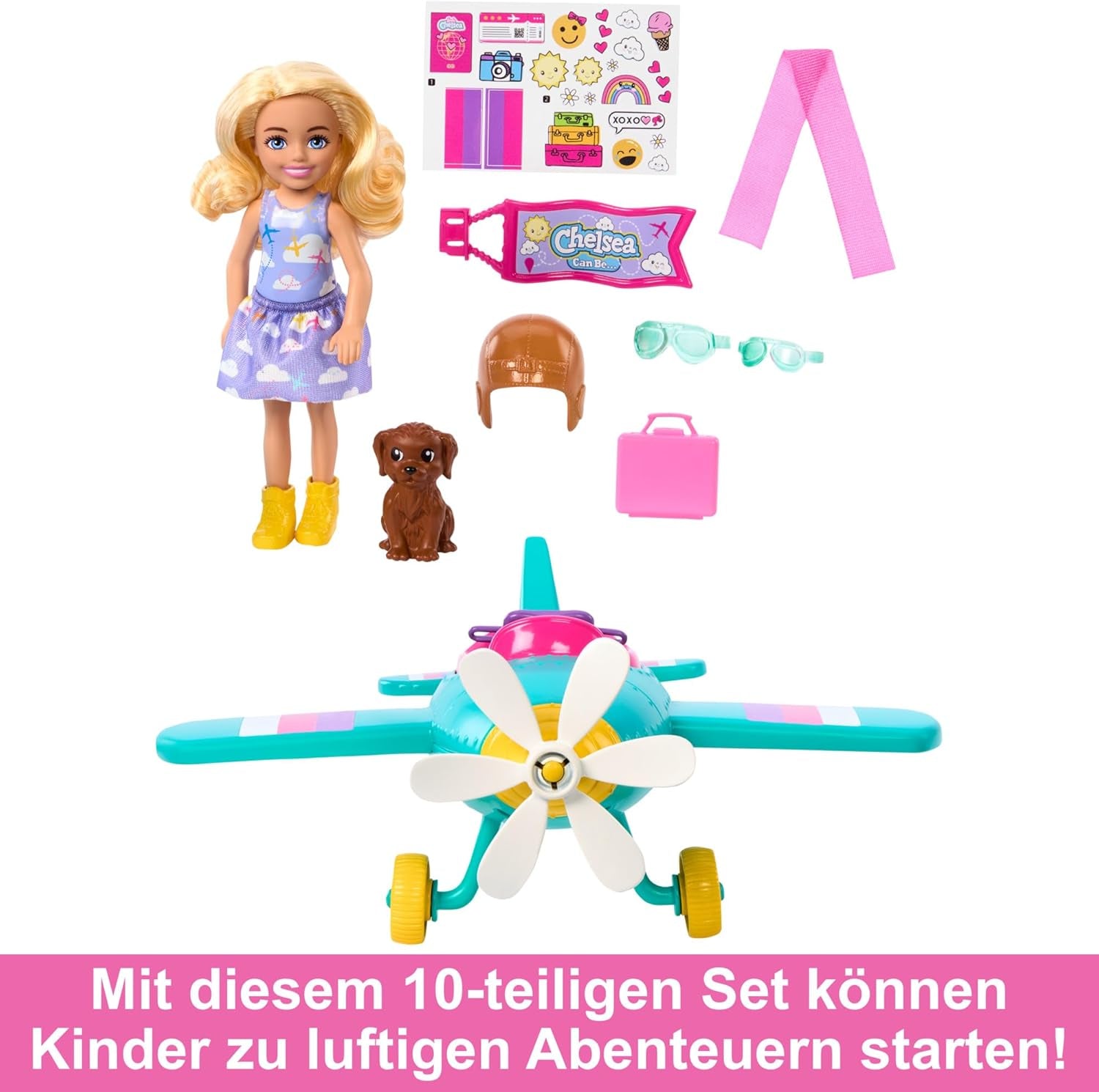 Chelsea Barbie-Puppenflugzeug und Spielset – Pilotenpuppe, Flugzeug, Welpen- und Märchenzubehör, Spinnräder und Blumenpropeller, ab 3 Jahren, HTK38