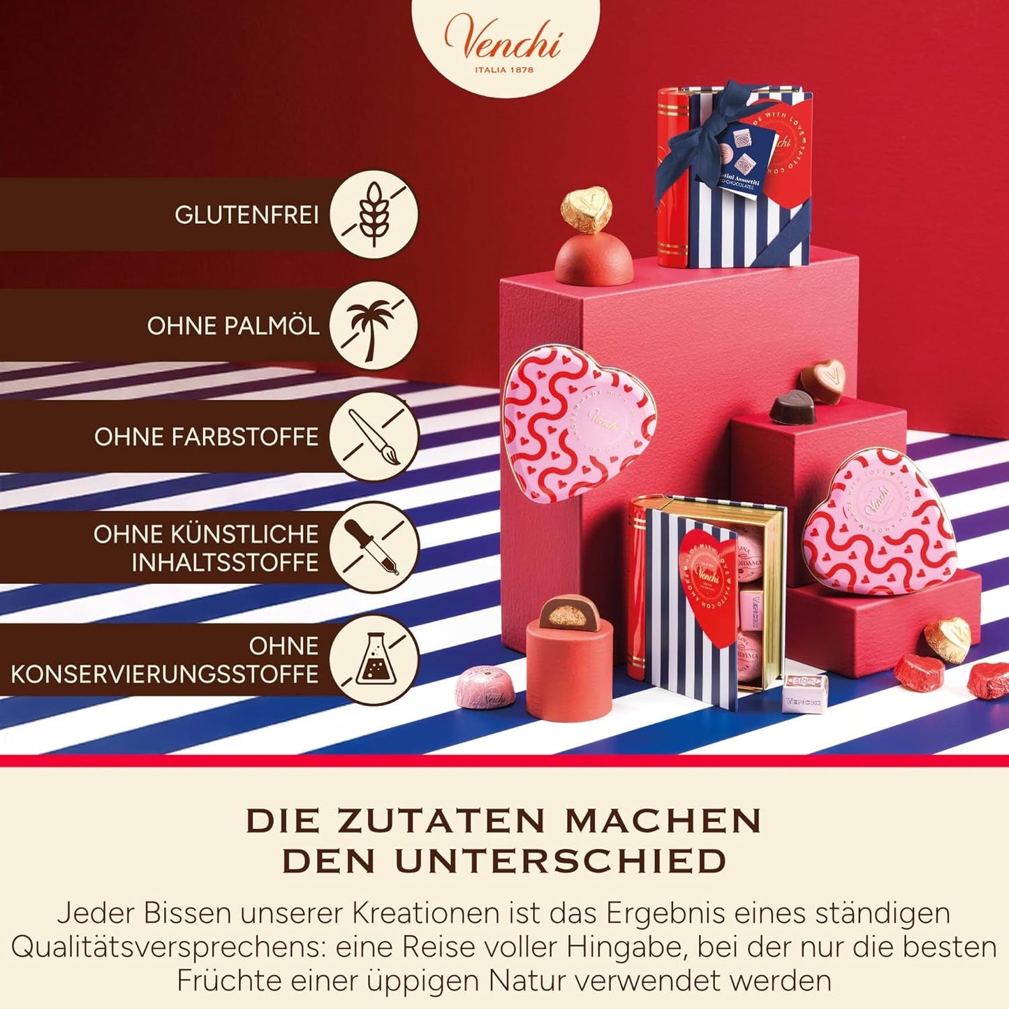 Venchi – Schachtel mit 9 verschiedenen Pralinen, 175 g, glutenfrei, ohne künstliche Farb- oder Konservierungsstoffe, Geschenkidee zum Valentinstag