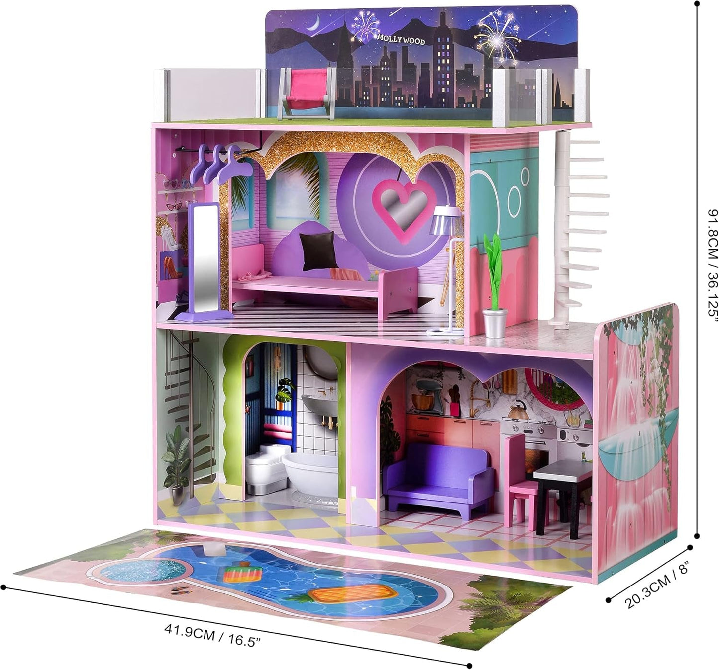 Olivia's Little World Big Dreamland Sunset Modernes, dreistöckiges, interaktives Puppenhaus aus Holz für Kinder mit 16 Puppenmöbelzubehör, mehrfarbig, TD-13616A