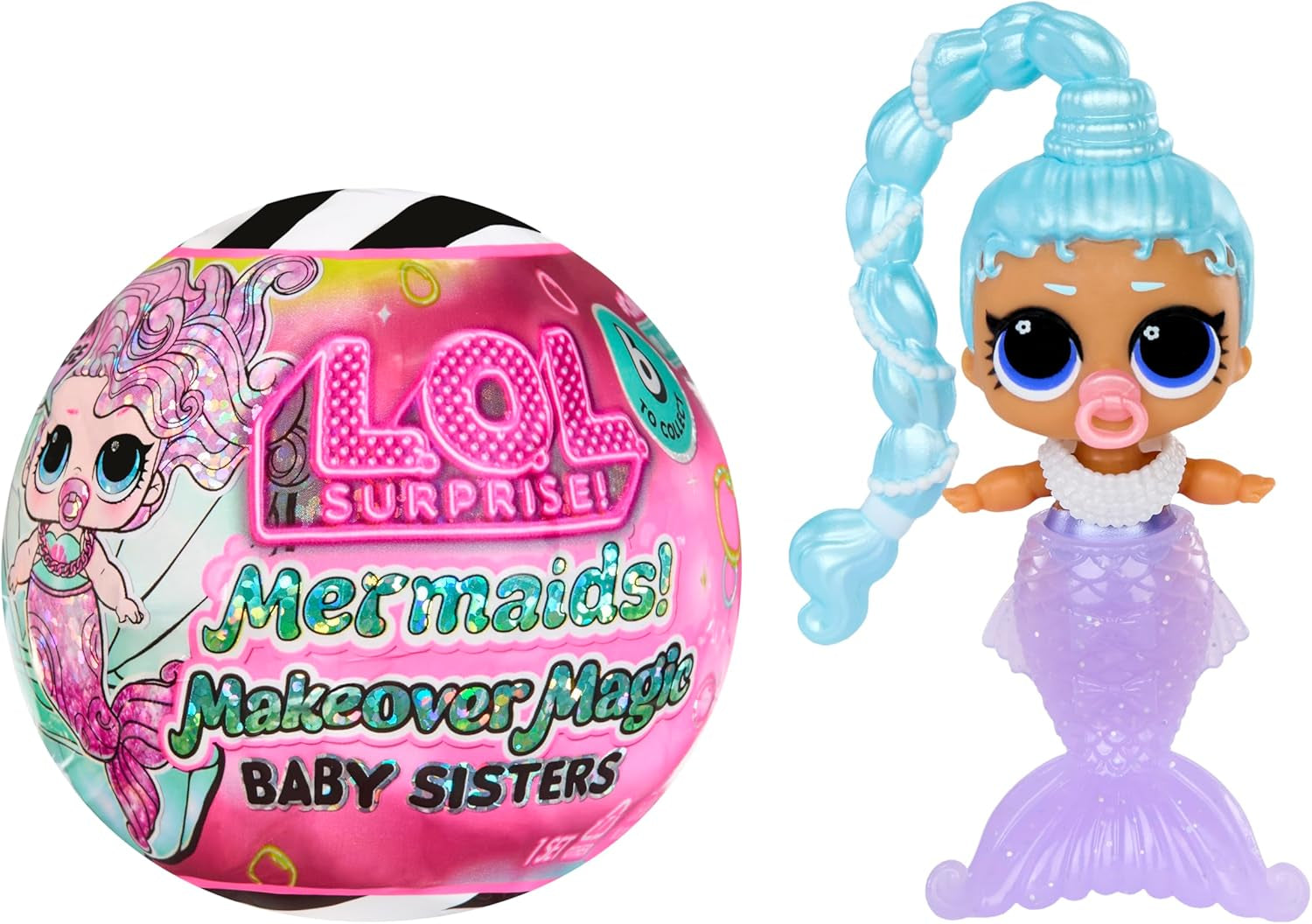 LOL Überraschung! Mermaid Makeover Magic Baby Sisters – Farbwechselnder Meerjungfrauenschwanz mit Muschelkugel zum Ausstellen, 6 Sammelpuppen – ab 4 Jahren