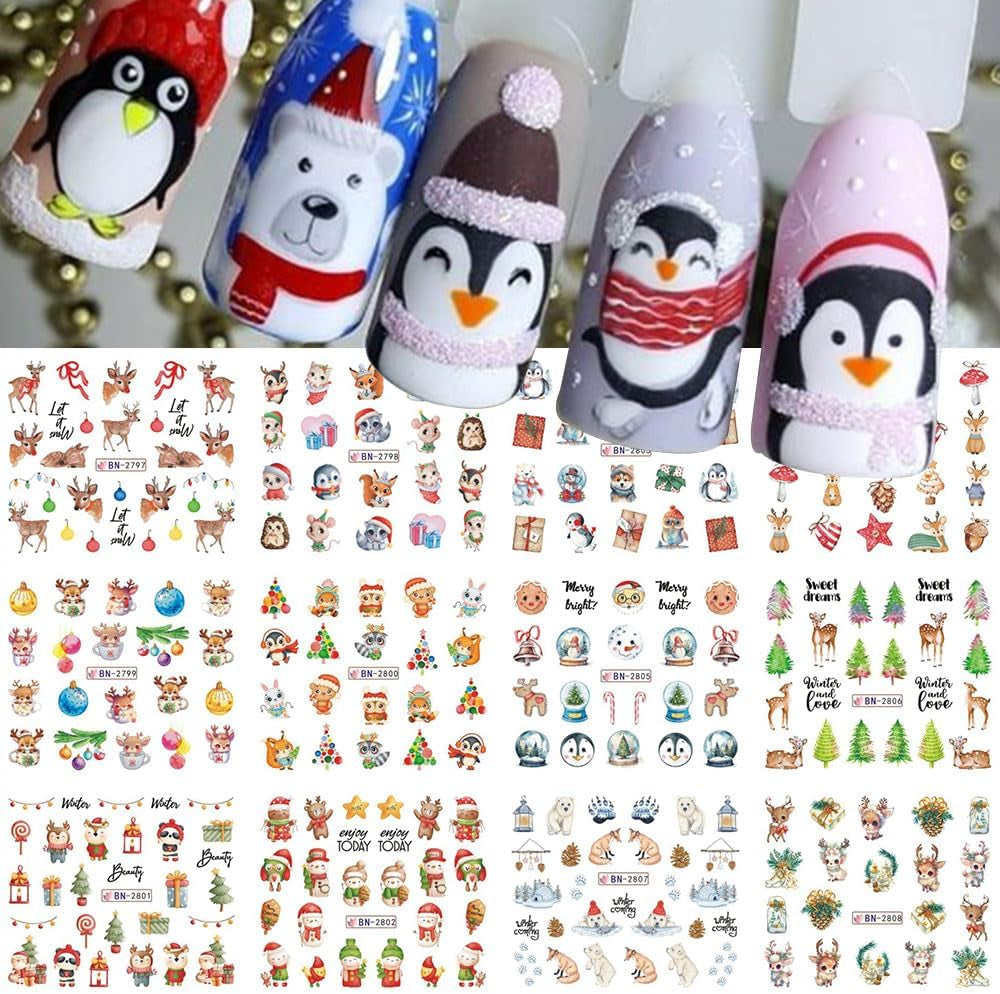 3D-Weihnachts-Nagelaufkleber, selbstklebend, Wassertransfer, Weihnachtsbaum, Schneeflocke, Elch, Pinguin, Weihnachts-Nagelkunst, Winter-Nageldesign, Weihnachtsaufkleber, Nagelzubehör
