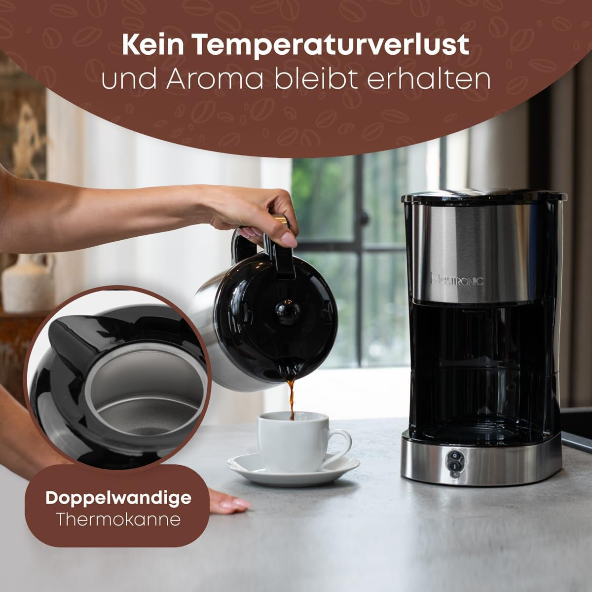 Clatronic® Kaffeemaschine mit Thermokaraffe für 8–10 Tassen Kaffee (ca. 1,2 l) | Filterkaffeemaschine aus Edelstahl | Doppelwandige Thermoskaraffe | Kein Temperaturverlust | Kaffeemaschine 800 W | KA 3805