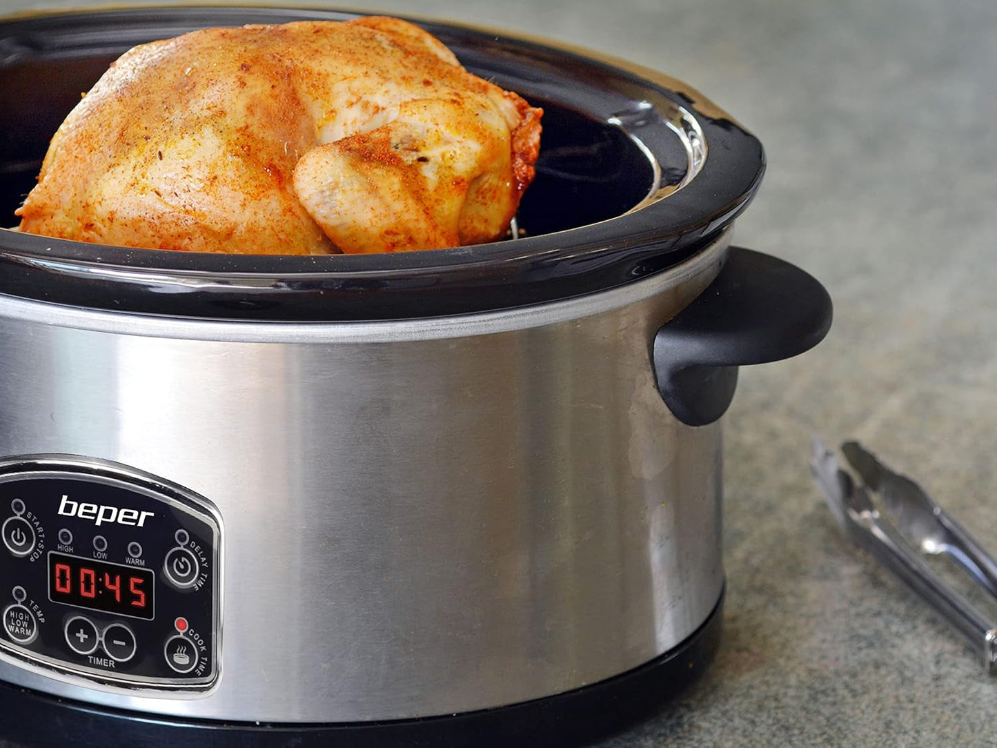 Beper BC.510 Slow Cooker, 280 W, 4,5 Liter, Keramikglas, Schwarz und Stahl Slow Cooker Naty Shop