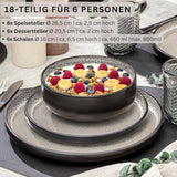 SÄNGER Luxor | Steingut-Geschirr-Set, 18-teilig, Teller-Set für 6 Personen, Geschirr-Set (6 Speiseteller, 6 Müslischalen, 6 Dessertteller), kratzfestes braun-beiges Geschirr | DIE VALUE-KOLLEKTION