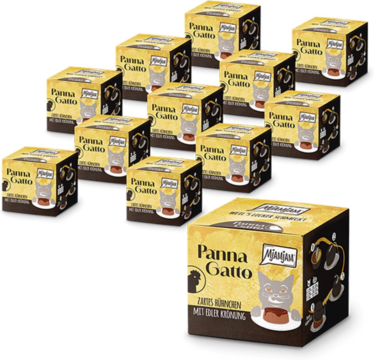MjAMjAM – Premium-Nassfutter für Katzen – Panna Gatto – zartes Huhn mit edlem Topping, 12er Packung (2x80g), getreidefrei