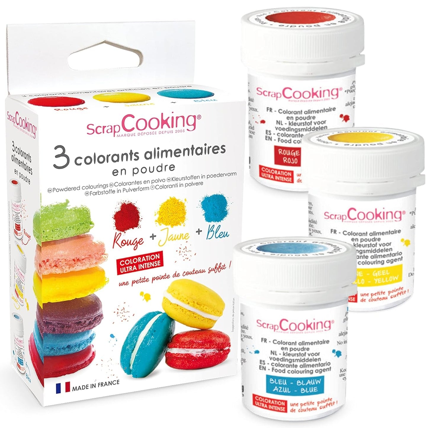 Scrapcooking – Set mit 3 Pulver-Lebensmittelfarben – Rot, Gelb, Blau – Lebensmittelfarbe zum Backen, Kuchen, Plätzchen, Plätzchen, Teig, Fondant, Regenbogenkuchen – 4011