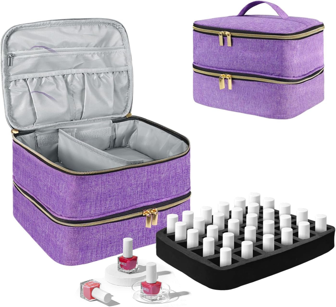 Nail Lacquer Organizer Tasche, Doppelschicht Nagellack Aufbewahrungsbox, Organizer Koffer Für Nageldesign Kosmetiktasche Für 30 Flaschen Neonail Base(15Ml-0.5 Fl.Oz) & 1 Nagellampe(Schwarz)