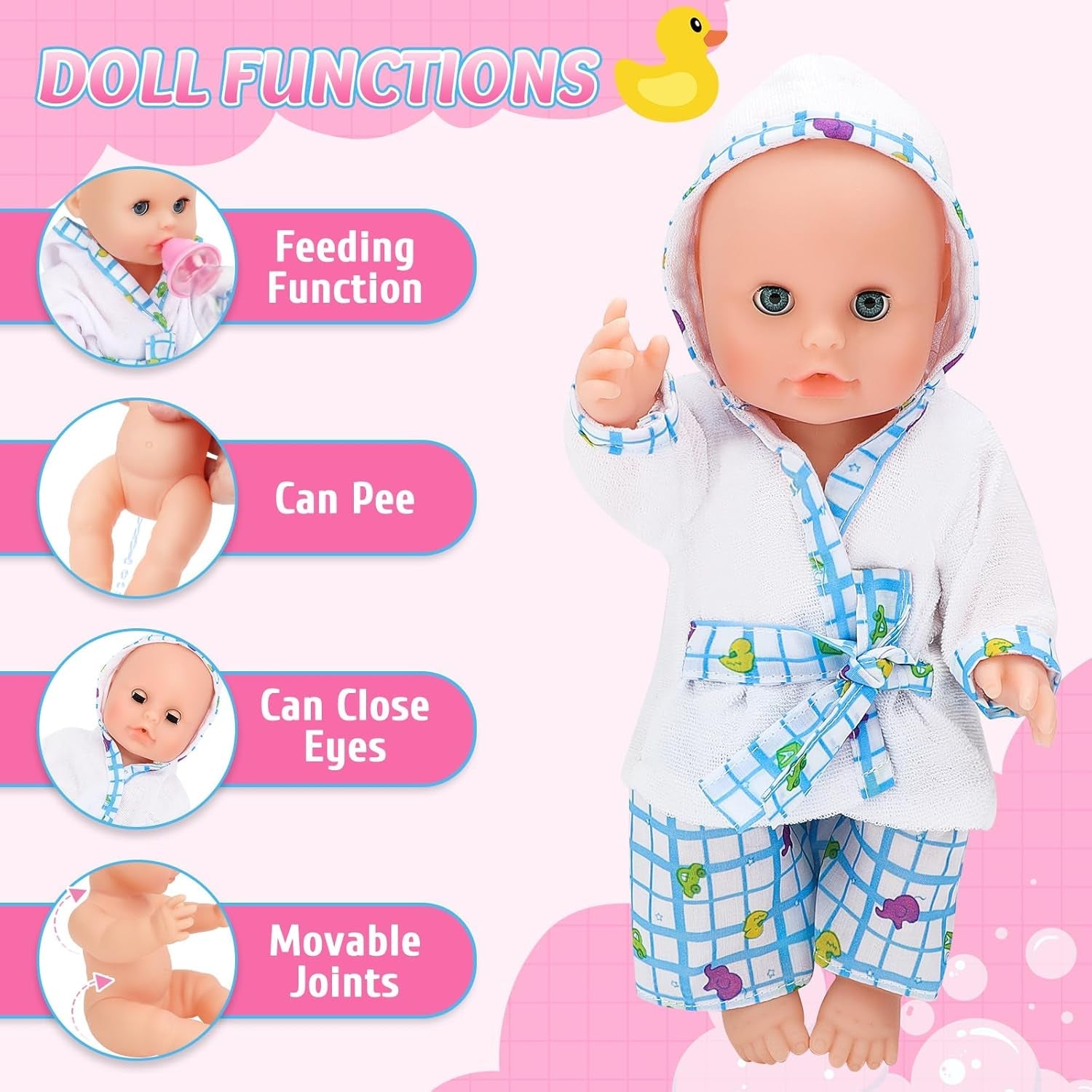 deAO Puppenbadewannen-Set, 33 cm große interaktive Puppe, Puppenbadewanne, Puppenspielset mit Schnuller, Puppenkleidung, Bademantel, Puppenwindeln, Badewanne und funktionellem Duschspray