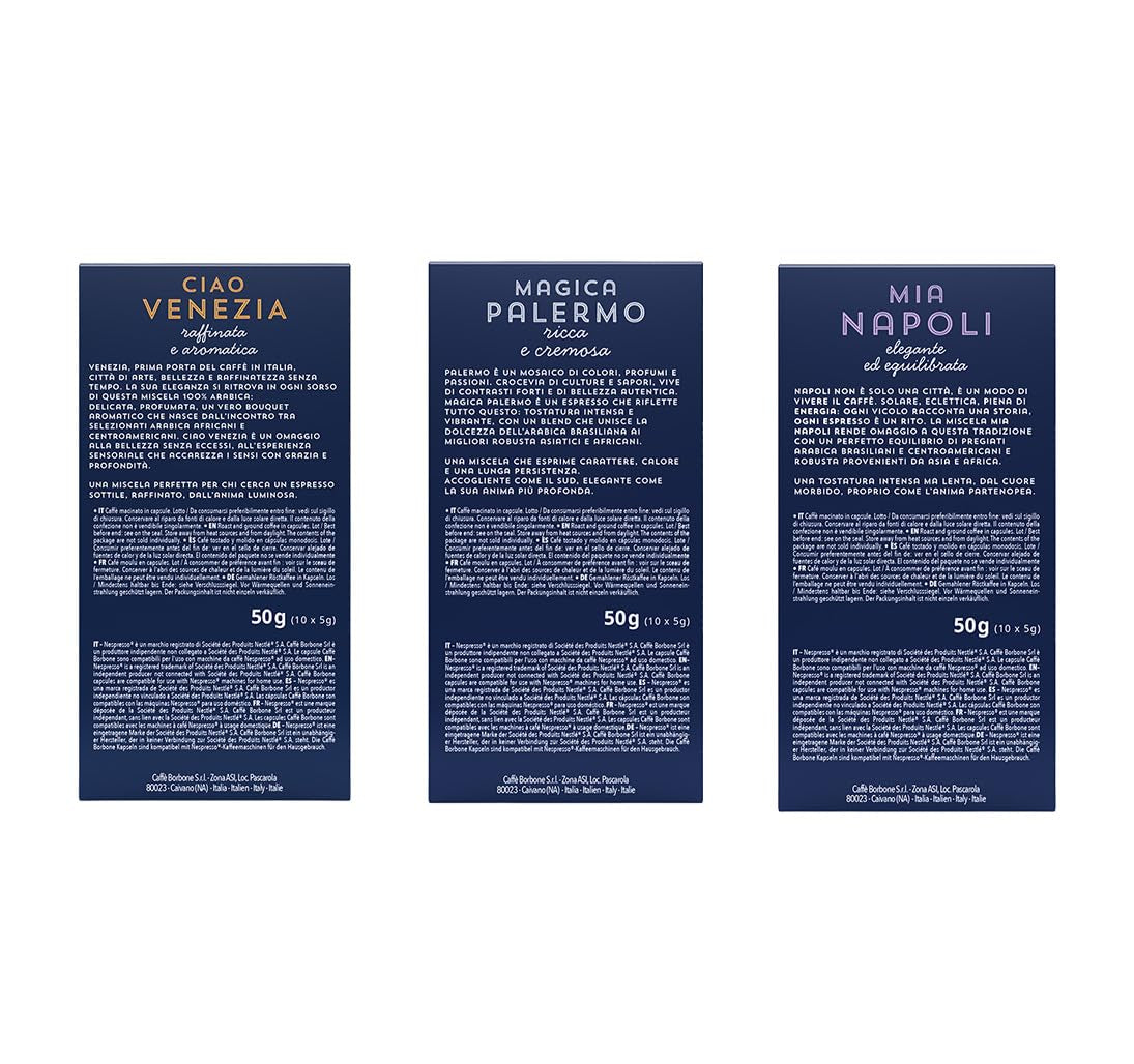 Caffè Borbone Verkostung Kit, 90 Aluminiumkapseln: 30 Mia Napoli, 30 Ciao Venezia, 30 Magica Palermo, (3 x 30 Stück) – Kompatibel mit Kaffeemaschinen für den Hausgebrauch der Marke Nespresso®*