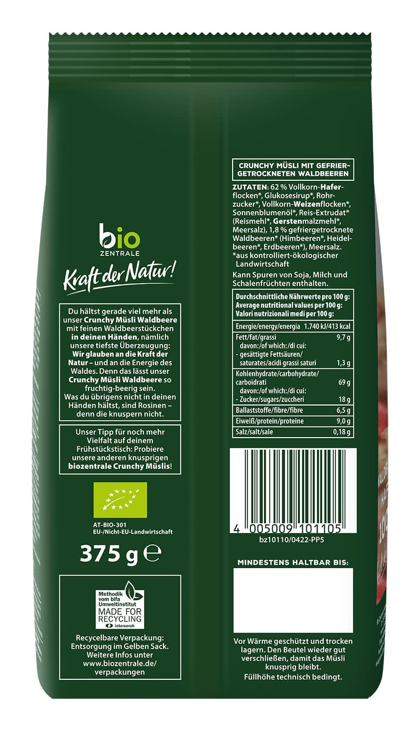 Knuspriges Müsli mit Beeren Biozentrale | 375 g Bio-Müsli | Ideal zum Frühstück und für die Tasse Müsli zum Mitnehmen | Eine Alternative zu Müsliriegeln