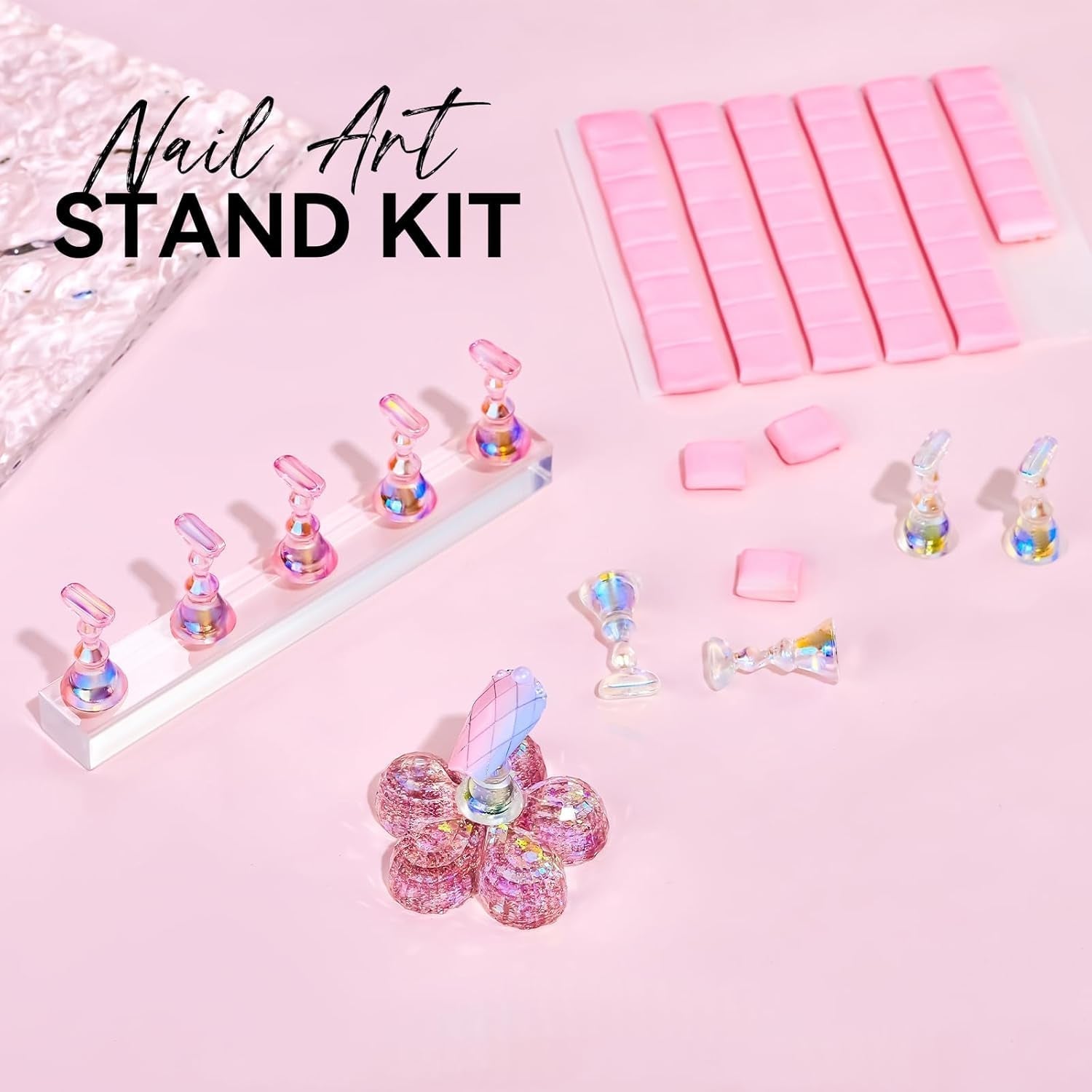 Makartt Acryl-Nagelhalter, magnetischer Nagelhalter, Nagelhalter, transparenter rosa Nagelhalter mit 48 Stück Klebemasse