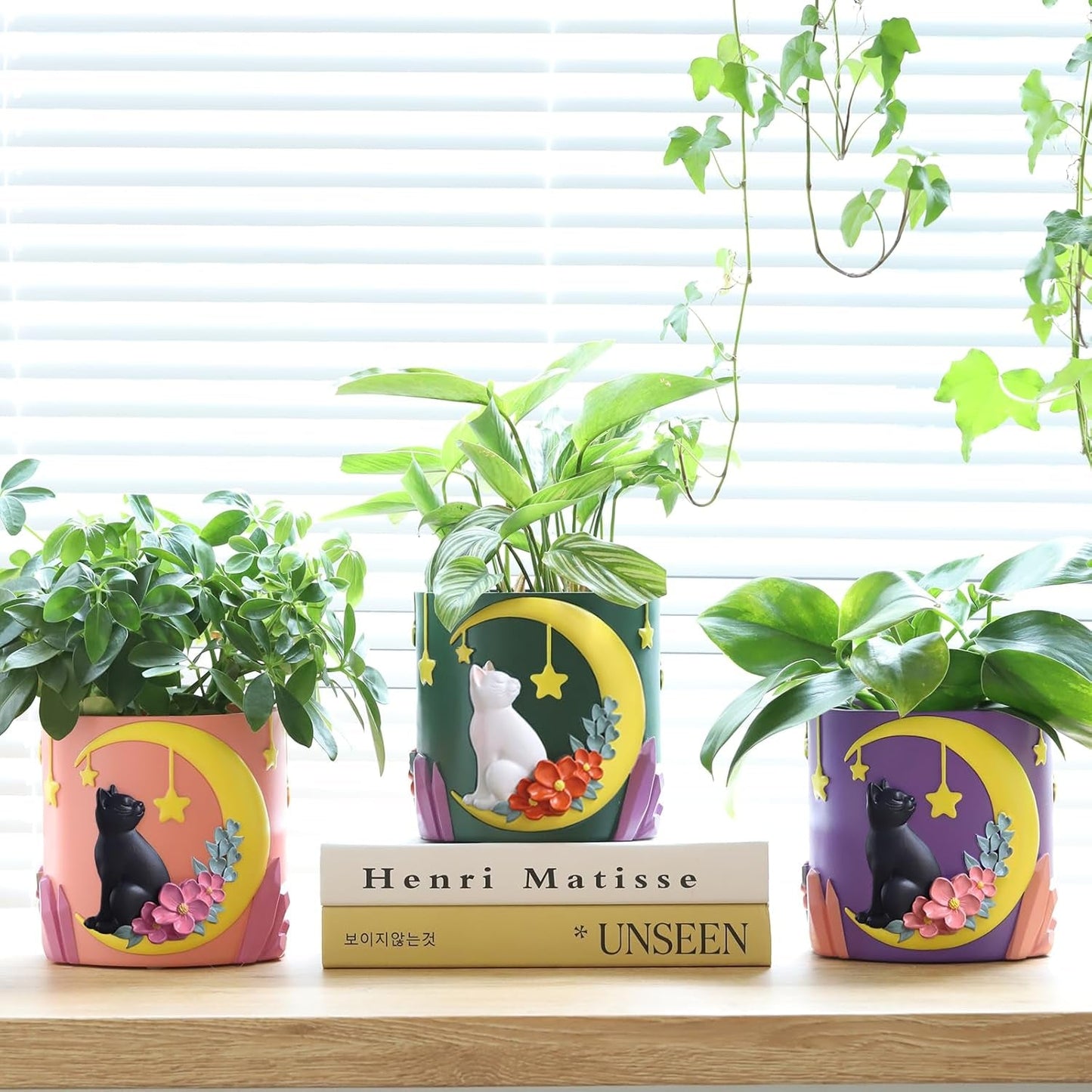 GUGUGO Niedliche Mondkatzen-Blumentöpfe, einzigartiger Blumentopf mit Drainage, Regenbogenfarben, kleine Zimmerpflanzentöpfe, lustige Sukkulenten-Gartentöpfe, Geschenk, Heimdekoration (C)