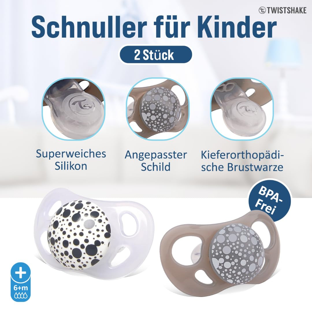 Twistshake Baby-Schnuller – 2er-Pack | Kieferorthopädische Form | Ultraleicht | Weicher Silikonsauger | BPA-frei | Geeignet für Babys ab 6 Monaten | Grauweiß