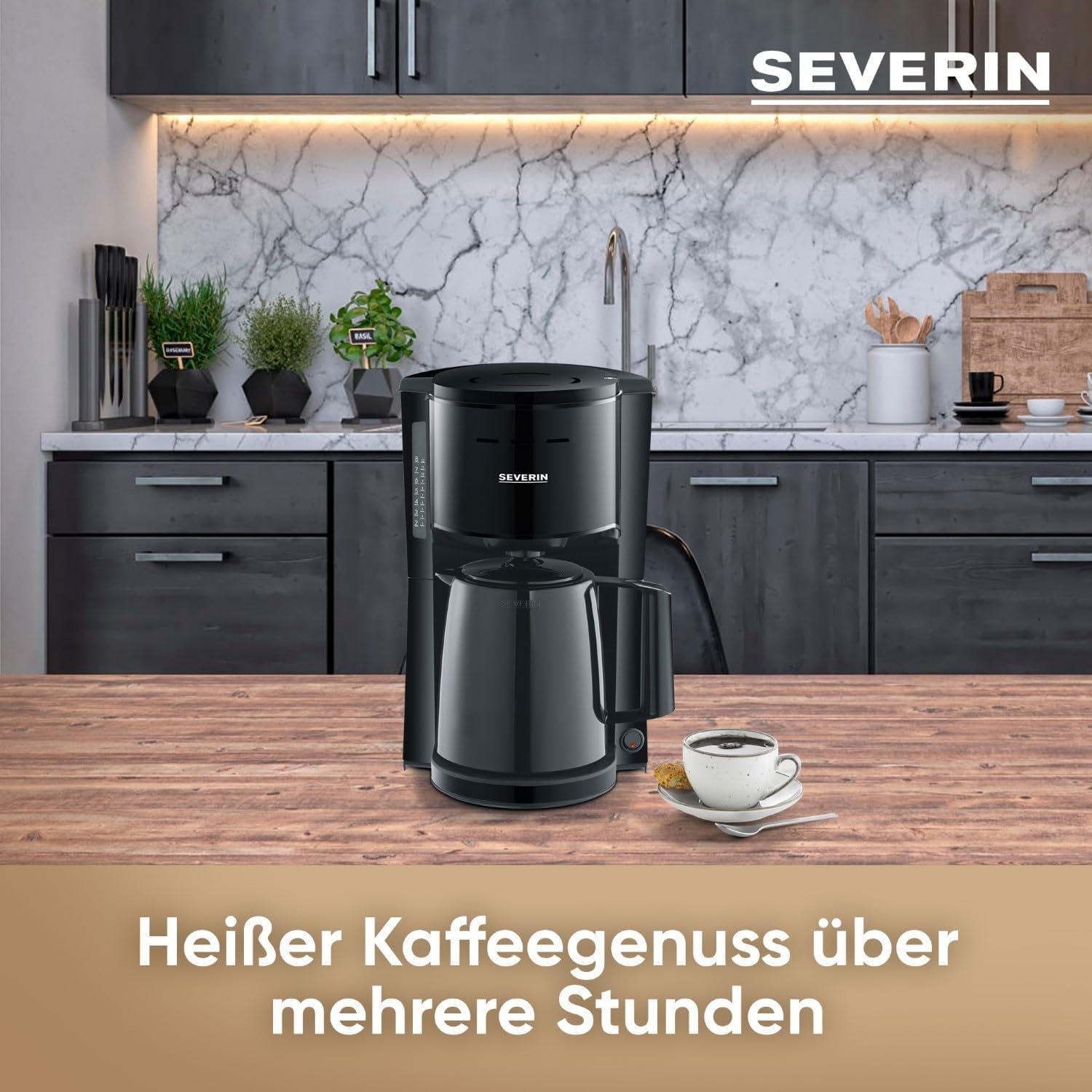 SEVERIN Filterkaffeemaschine mit Thermokaraffe, Kaffeemaschine für bis zu 8 Tassen, attraktiver Filterkaffeebereiter mit isolierter Karaffe, Schwarz, 1 Liter, KA 9306