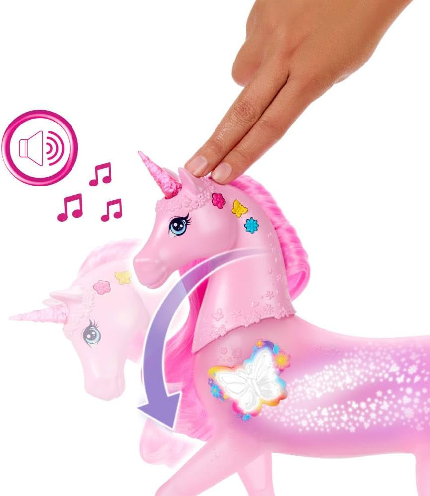 Barbie-Einhorn, das im Dunkeln leuchtet, mit 20 interaktiven Kombinationen aus Licht-, Sound- und Musikeffekten zum Spielen per Knopfdruck und Kopfstreicheln, JCP78