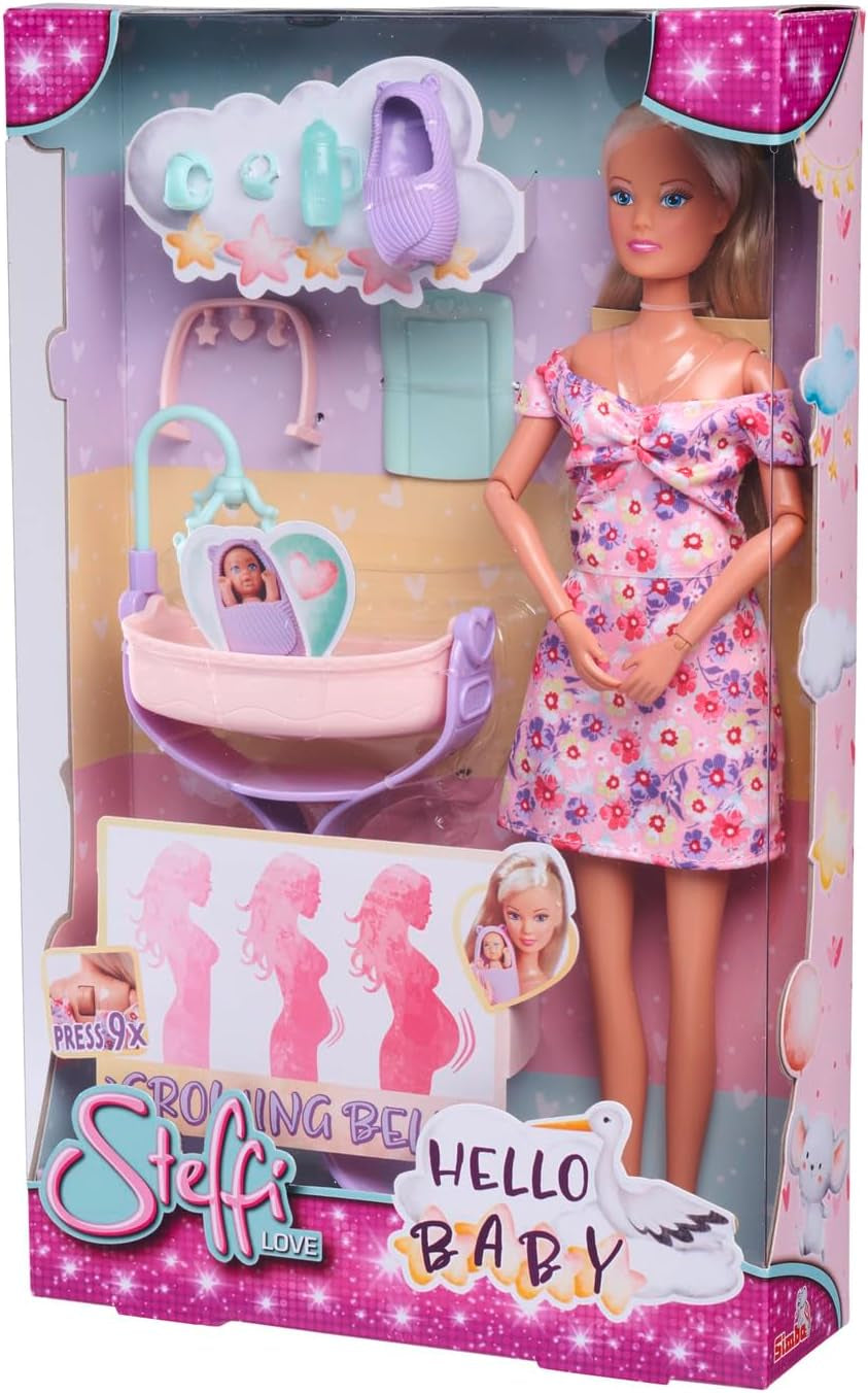Simba 105733680 Steffi LOVE Puppe Hello Baby (29 cm) – Schwangere Spielpuppe mit wachsendem Bauch, Puppe und Zubehör – Kinderspielzeug für Mädchen und Jungen ab 3 Jahren, schwarz Puppen Naty Shop