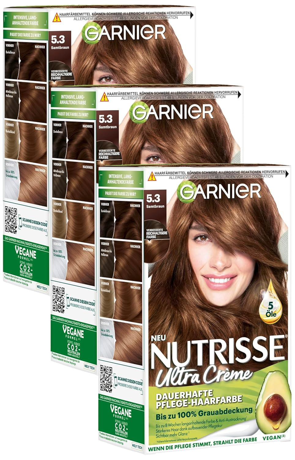 Garnier Nutrisse Permanente Pflege-Haarfarbe mit pflegenden Fruchtölen, 8 Wochen Halt, Farbe Ultra Crème Tint 053 Velvet Brown (3er-Pack), Naty Shop Haarfarbe Standardtitel